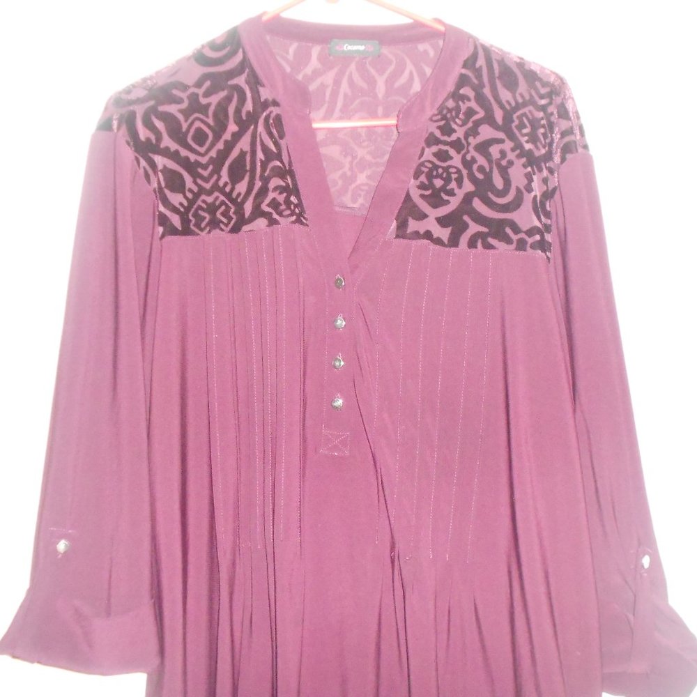 Burgundy Cuffed Sleeve Blouse with Sheer & Velvet